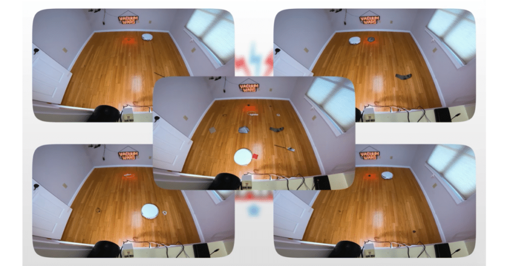 Narwal Flow Obstacle Avoidance 1 | Vacuum Wars Original Narwal Flow obstacle avoidance test setup in the Vacuum Wars studio showing scattered household objects on hardwood floor for navigation evaluation