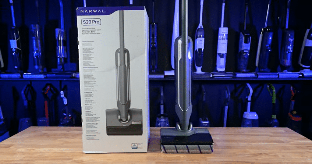 Narwal S20 Pro Product box | Vacuum Wars Narwal S20 Pro vacuum mop shown with retail box on a test bench, highlighting its mid-range hard floor cleaner design.