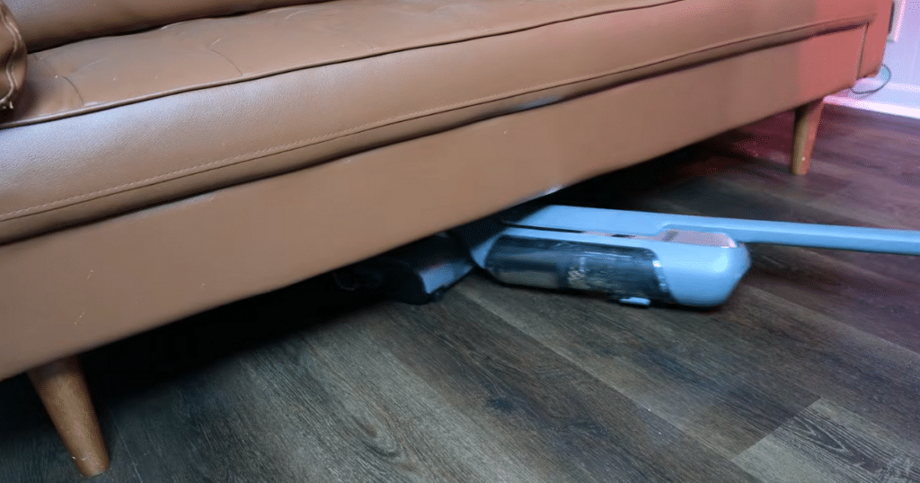 Narwal S20 pro lay flat | Vacuum Wars Narwal S20 Pro vacuum mop laying flat to clean under low furniture like a couch on hard floors.