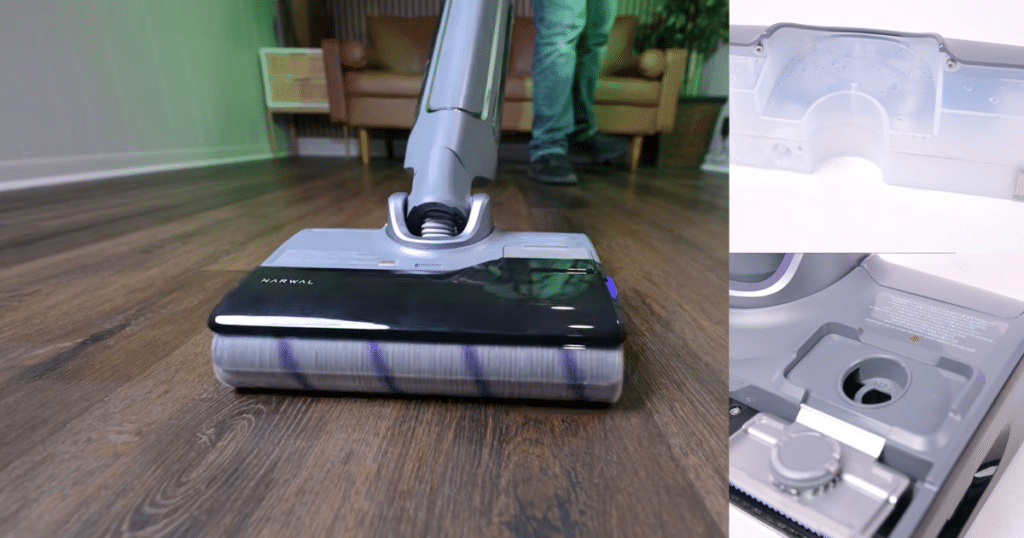 Narwal S20 water tank detergent | Vacuum Wars Narwal S20 Pro vacuum mop cleaning a hardwood floor, showing the roller head and clean water tank of the cordless hard floor cleaner.