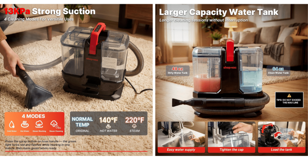Shop-Vac Portable Carpet Cleaner 5430270 | Vacuum Wars Shop-Vac 5430270 handheld spot cleaner and steam cleaner combo showing dual water tanks, suction mode, and four cleaning settings.