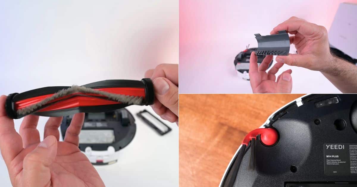 | Vacuum Wars Three-panel collage showing the Yeedi M14 Plus main brush, anti-tangle tool, and a close-up of the robot’s side brush mount and edge area.