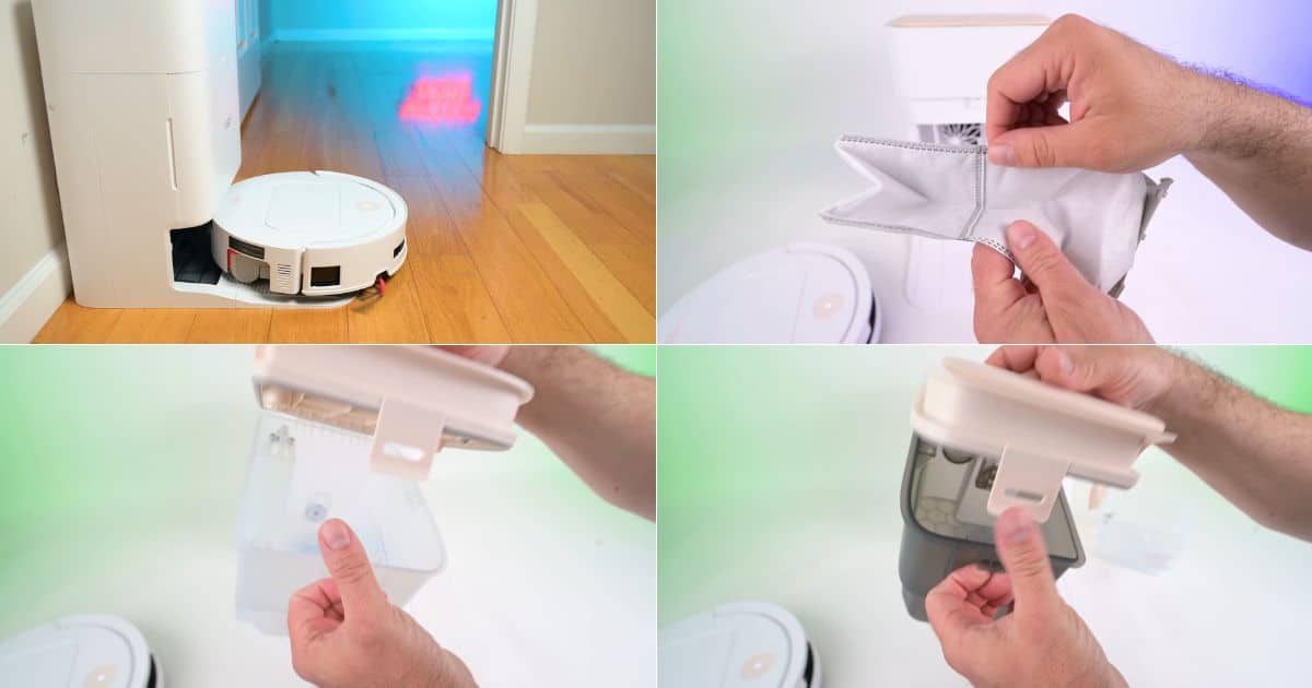 | Vacuum Wars Four-panel collage showing the Yeedi M14 Plus at its dock, a dust bag being handled, and the dock’s removable water tanks (clean-water tank and dirty-water tank).