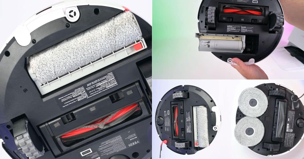 | Vacuum Wars Collage of underside views comparing Yeedi M14 Plus’s roller mop design with the MOVA P10 Pro Ultra’s dual spinning mop pads, alongside the main brush and underbody layout.