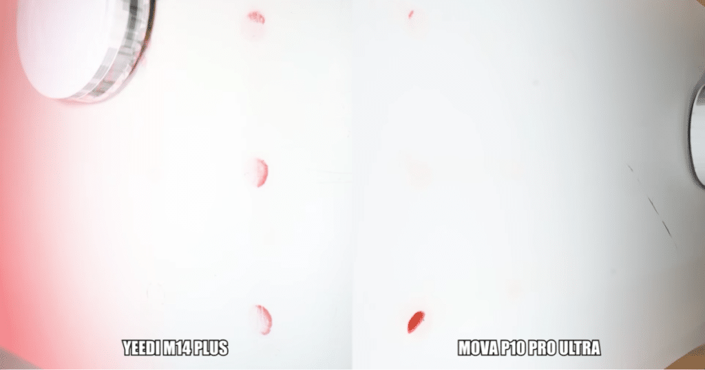 Yeedi M14 Stain Tests | Vacuum Wars The Yeedi M14 Plus and MOVA P10 Pro Ultra robot vacuums completing the Vacuum Wars dried on stain test at our studio.