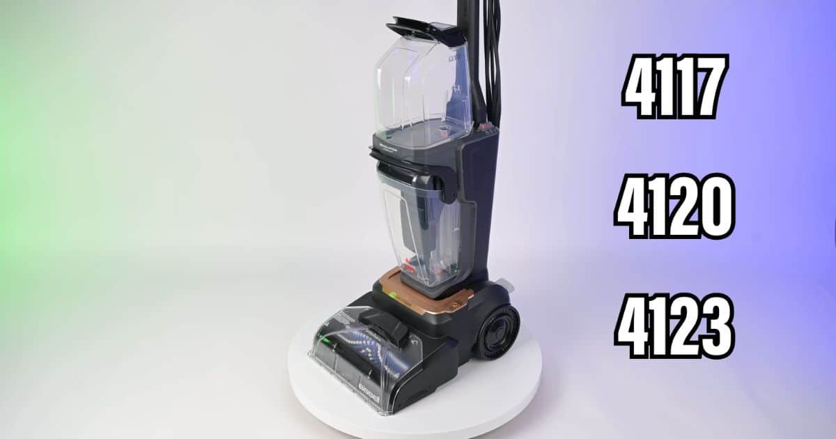 | Vacuum Wars Bissell HydroSteam carpet cleaner on a white platform next to the model numbers 4117, 4120, and 4123.