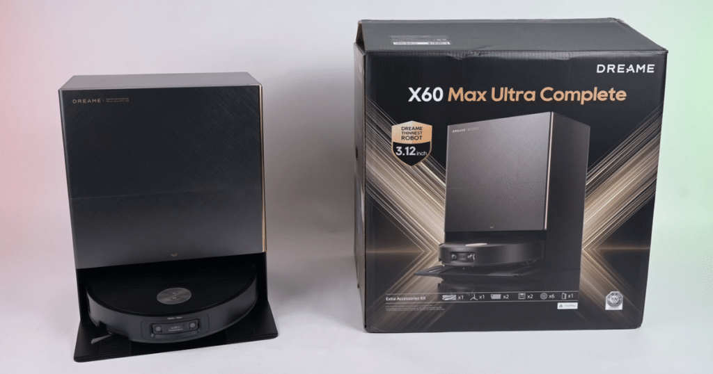 Dreame X60 Max Ultra Complete Box | Vacuum Wars Dreame X60 Max Ultra Complete robot vacuum and auto-empty dock displayed next to its retail packaging box