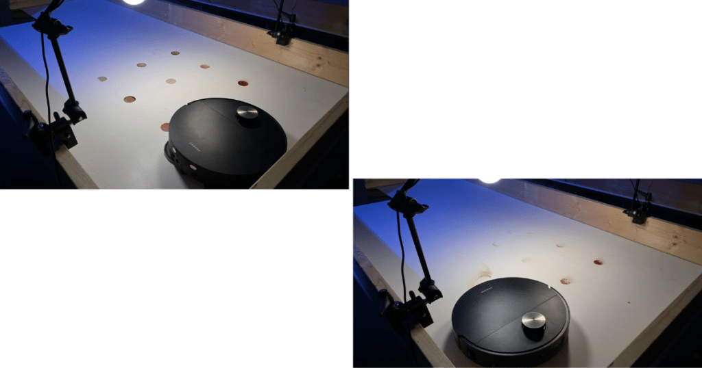 Dreame X60 Max Ultra Complete Mopping Evaluation | Vacuum Wars Dreame X60 Max Ultra Complete approaching dried stain test spots on hard floor during Vacuum Wars mopping evaluation