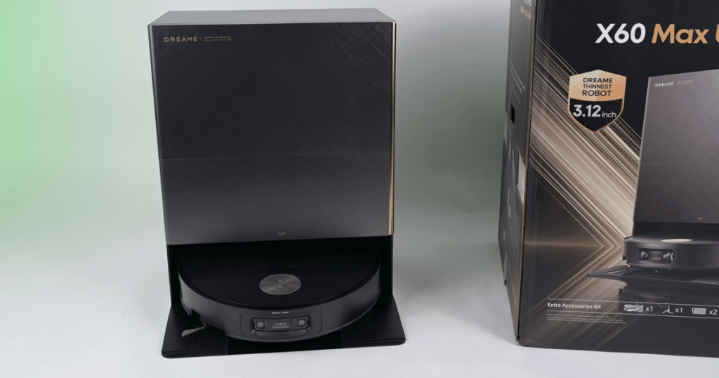 Dreame X60 Max Ultra Complete Product and box | Vacuum Wars Dreame X60 Max Ultra Complete robot vacuum with auto-empty dock next to retail box, flagship X series model replacing the X50 Ultra