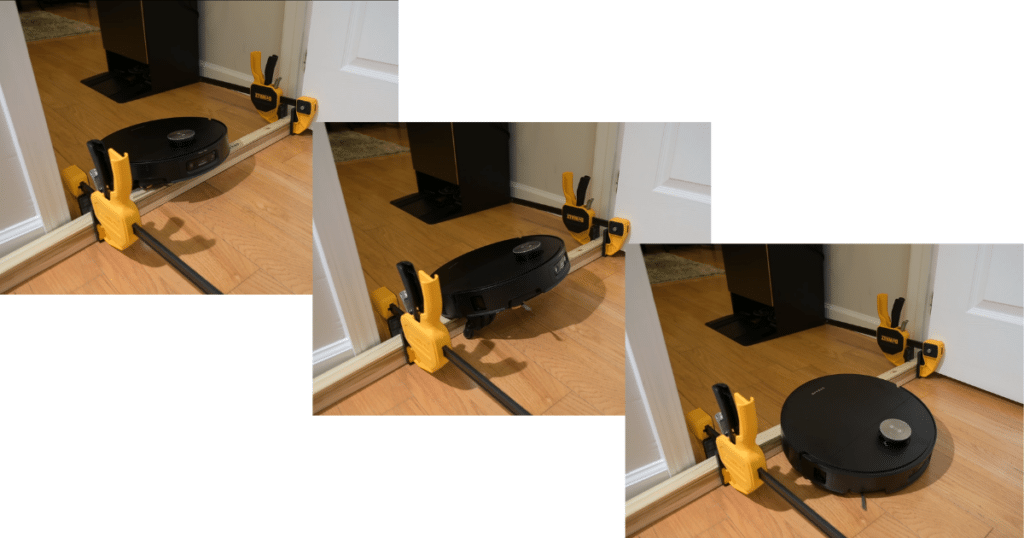 Dreame X60 Max Ultra Complete Threshold Crossing | Vacuum Wars Dreame X60 Max Ultra Complete climbing a two-layer doorway threshold during a controlled obstacle test.