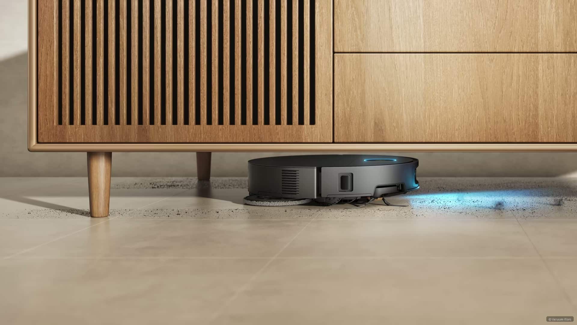 Dreame X60 Max Ultra Complete demonstrating its slim 3.12-inch profile under furniture.