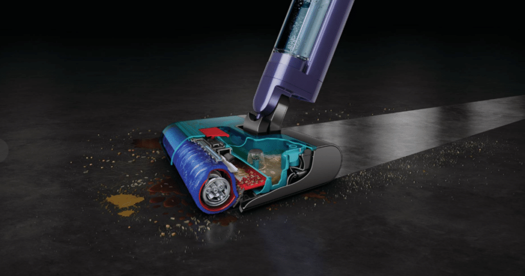 Dyson Clean Wash Hygiene Technology | Vacuum Wars Dyson Clean+Wash Hygiene microfiber roller and hydration system picking up debris and liquid spills