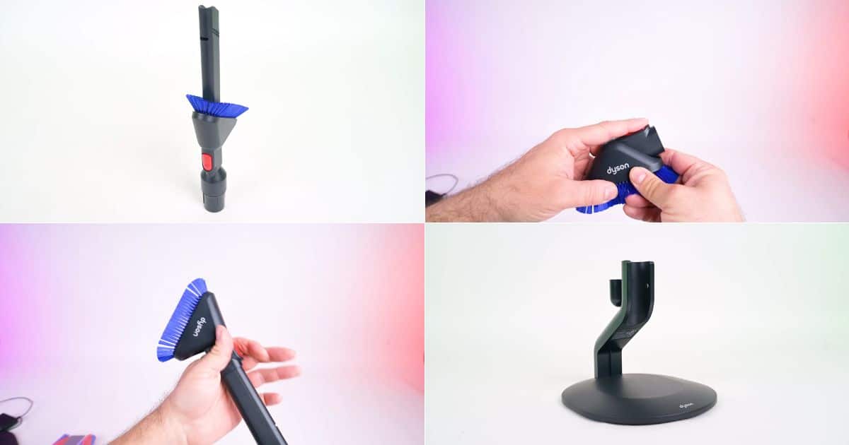 | Vacuum Wars Four-panel collage showing the Dyson PencilVac Fluffycones combination dusting and crevice tool attached to the vacuum, detached in hand, shown from another angle, and the round black charging dock shown separately.