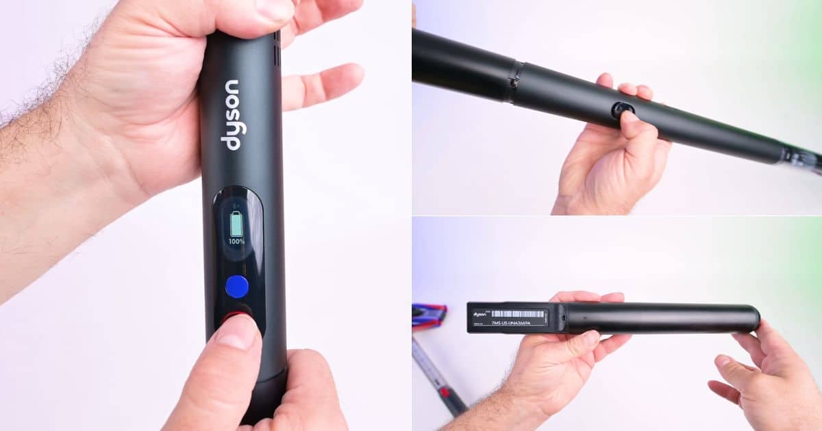 | Vacuum Wars Three-panel collage showing the Dyson PencilVac handle and slim housing: one panel shows the digital battery display at 100%, another shows the narrow tube with a release button, and the third shows the removable battery pack detached from the handle.