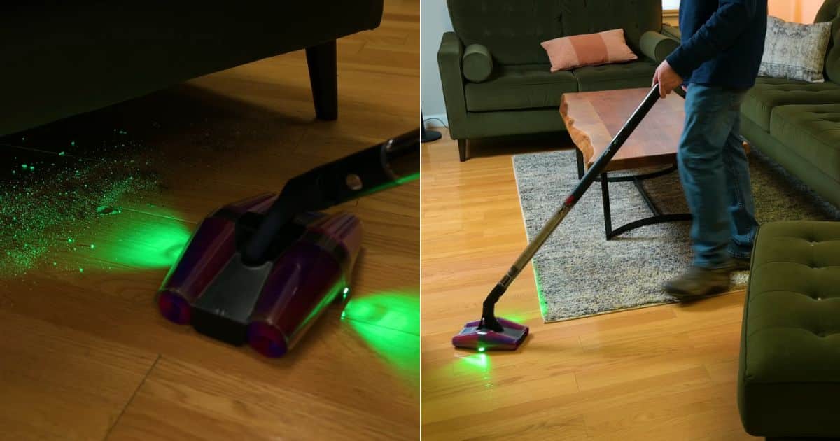 | Vacuum Wars Two-panel collage of the Dyson PencilVac on hard floors: the left panel shows dual green laser beams highlighting fine dust under a sofa, and the right panel shows the vacuum in use in a living room with the front and rear lasers visible on the floor.