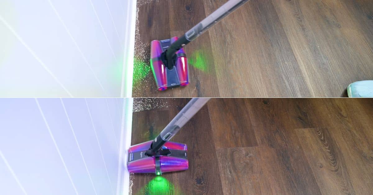 | Vacuum Wars Two-panel image showing the Dyson PencilVac Fluffycones cleaning along a wall edge on hard flooring, with fine debris placed along the baseboard; the top panel shows a forward pass that leaves some debris at the edge, and the bottom panel shows the side of the cleaner head running along the wall and picking up more of it.
