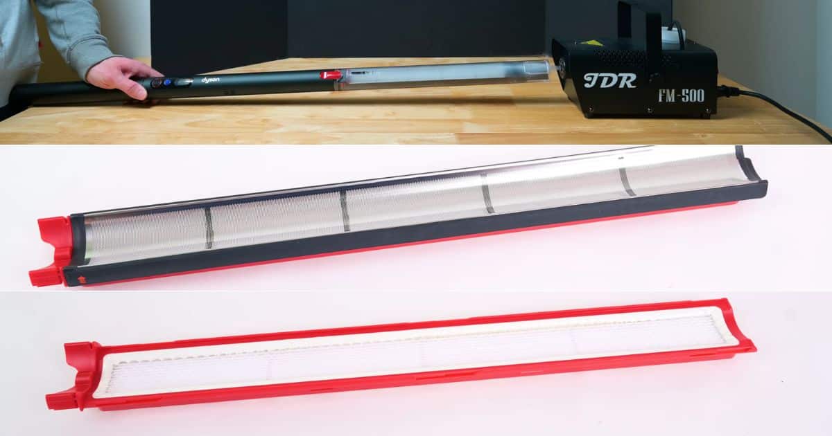 | Vacuum Wars Three-panel collage showing the Dyson PencilVac connected to a JDR FM-500 fog machine on a workbench, plus close-up views of the vacuum’s long internal filter and a red filter cover removed from the assembly.
