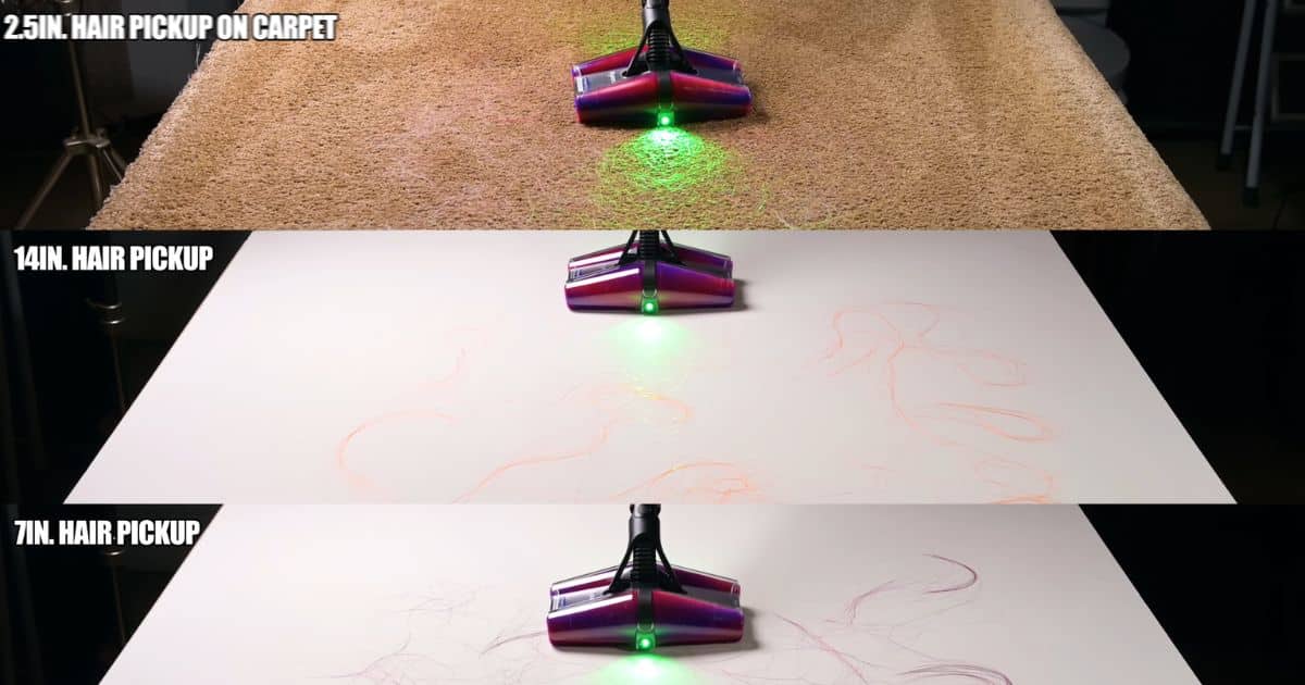 | Vacuum Wars Three-panel test image showing photos taken during the PencilVac Fluffycones review by Vacuum Wars. Photos were taken during hair pickup testing with 2.5-inch hair on carpet, 14-inch hair on a white test surface, and 7-inch hair on a white test surface.