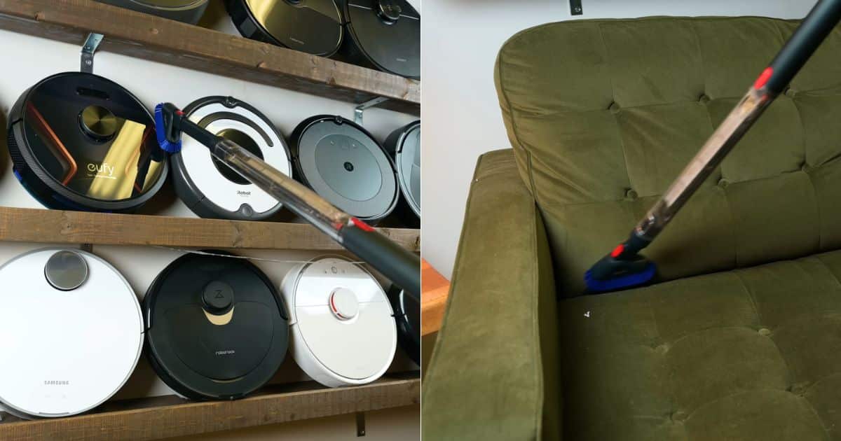 | Vacuum Wars Two-panel collage showing the Dyson PencilVac Fluffycones with its dusting attachment cleaning dust from a shelf of robot vacuums on the left and vacuuming the seat and arm area of a green upholstered chair on the right.