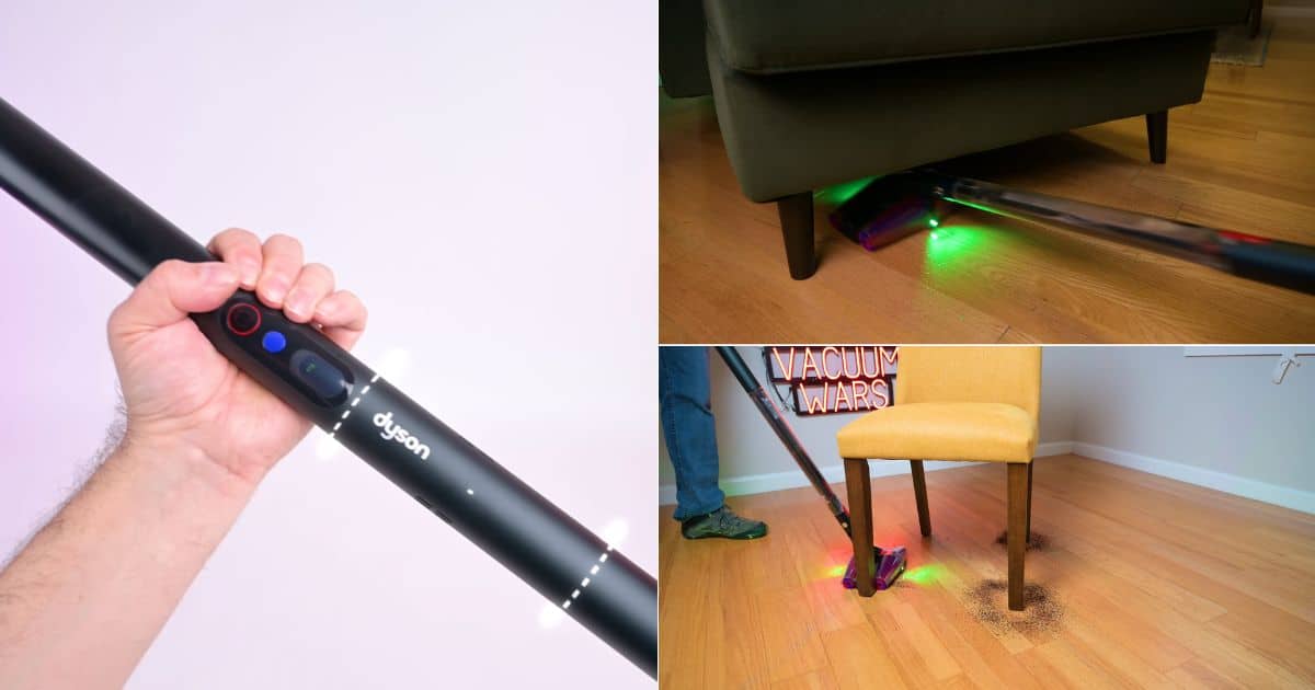| Vacuum Wars Three-panel collage showing the Dyson PencilVac’s slim handle and maneuverability: a hand grips the narrow handle and control buttons in the left panel, the top-right panel shows the cleaner head reaching under a sofa, and the bottom-right panel shows it moving around chair legs on a hard floor.