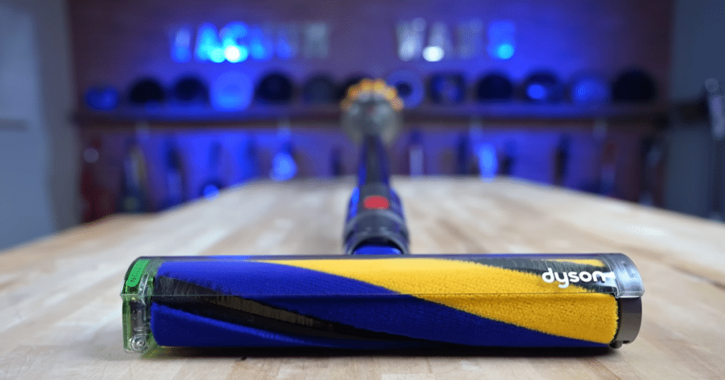 Dyson V15 Detect | Vacuum Wars Close up view of the brush roll on the Dyson V15 Detect cordless stick vacuum