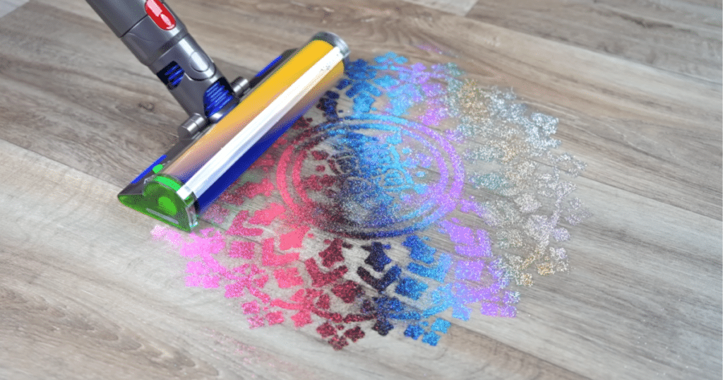 Dyson V15 Fine Debris 1 | Vacuum Wars The Dyson V15 Detect cordless vacuum approaching a pattern of fine debris on a hard floor at the Vacuum Wars studio