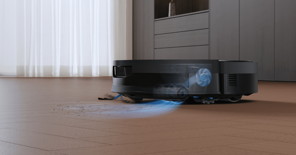 ECOVACS DEEBOT T90 PRO OMNI blast | Vacuum Wars ECOVACS DEEBOT T90 PRO OMNI robot vacuum using Blast Airflow suction technology to remove debris from hardwood floors