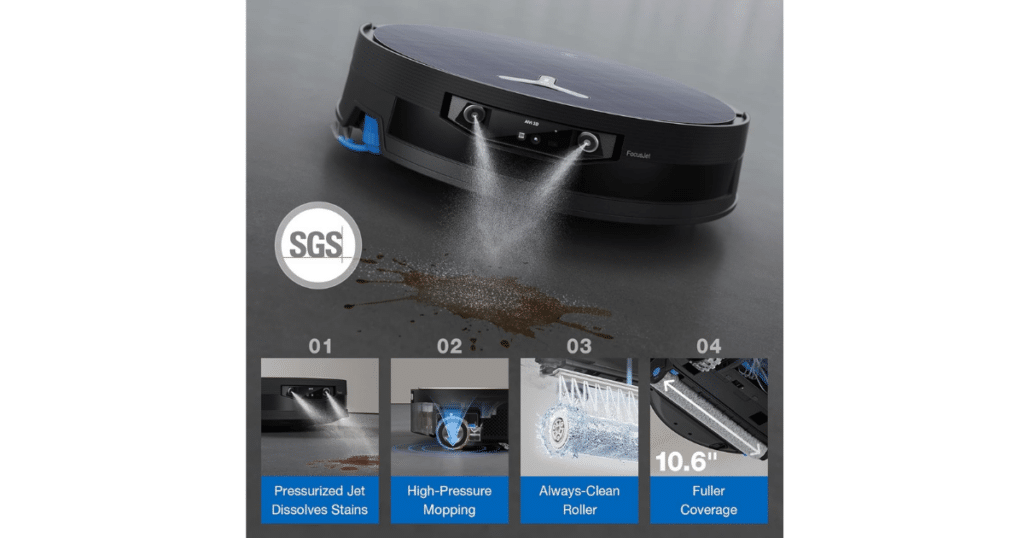 ECOVACS DEEBOT X12 OmniCyclone focusjet | Vacuum Wars ECOVACS DEEBOT X12 OmniCyclone robot vacuum using FocusJet pressurized spray and self-washing OZMO roller mop to clean stains with TruEdge edge cleaning
