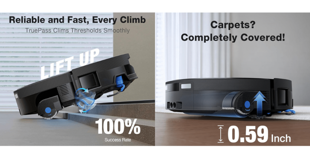 ECOVACS DEEBOT X12 OmniCyclone lifting | Vacuum Wars ECOVACS DEEBOT X12 OmniCyclone robot vacuum lifting mop for carpet detection and climbing thresholds with TruePass 4-wheel drive