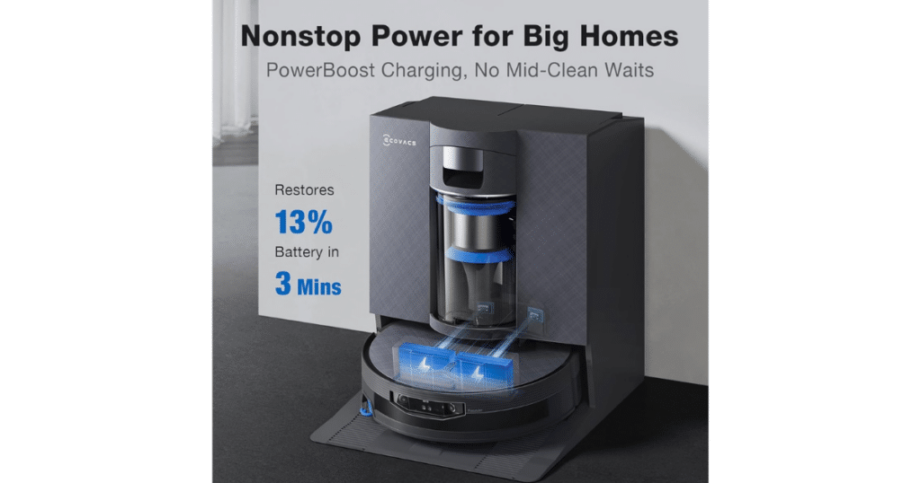 ECOVACS DEEBOT X12 OmniCyclone powerboost 1 | Vacuum Wars ECOVACS DEEBOT X12 OmniCyclone docking station with PowerBoost fast charging restoring 13% battery in 3 minutes for large home cleaning coverage