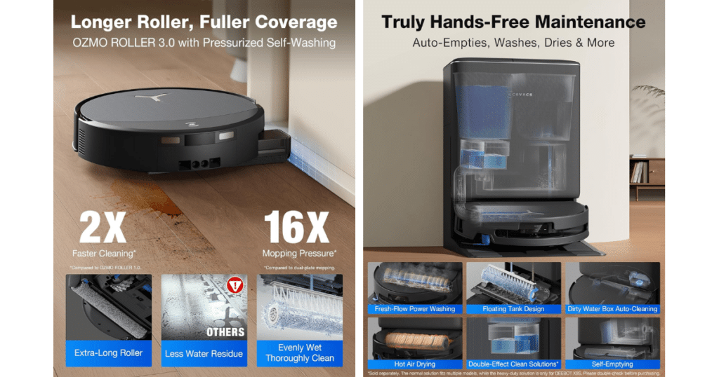 Ecovacs Deebot X9s Pro Omni Mopping OZMO | Vacuum Wars Ecovacs Deebot X9S Pro Omni OZMO Roller 3.0 mopping system with Omni station showing self-washing roller and hands-free maintenance features