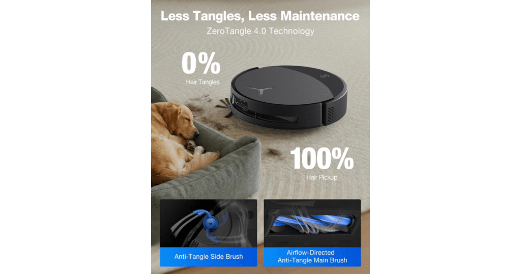 Ecovacs Deebot X9s Pro Omni Tangles | Vacuum Wars Ecovacs Deebot X9S Pro Omni ZeroTangle 4.0 anti-tangle system with side brush and airflow-directed main brush for hair pickup