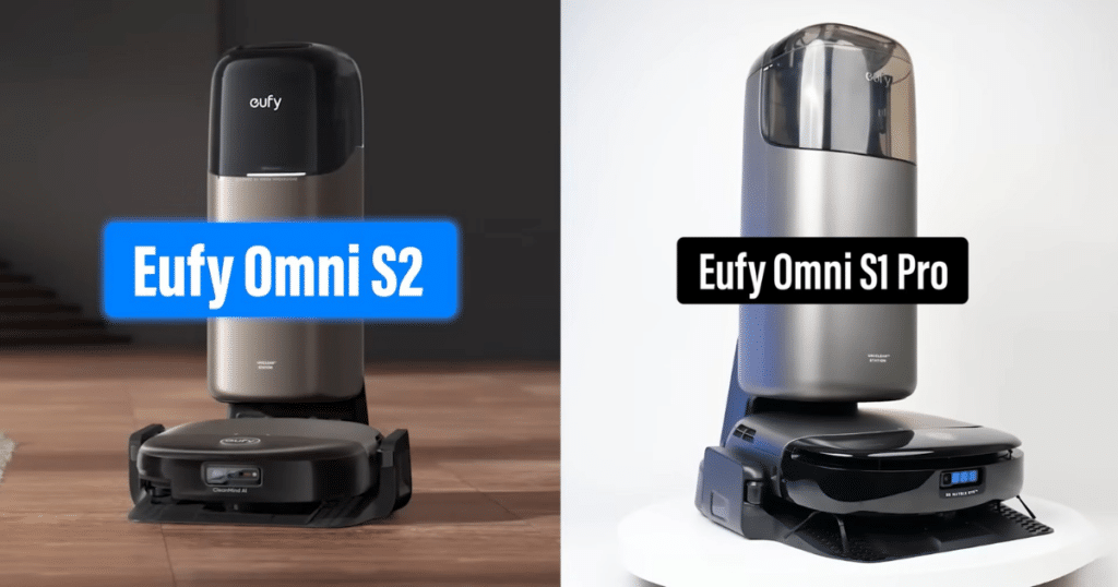 Eufy S2 vs Eufy S1 | Vacuum Wars Eufy Omni S2 robot vacuum with auto-empty dock next to previous model Omni S1 Pro showing design comparison