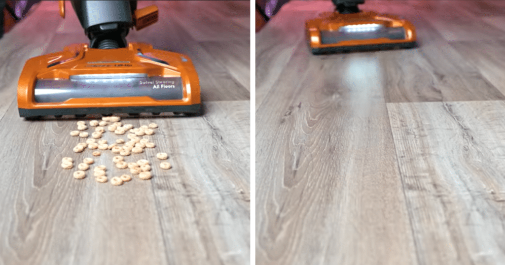 Kenmore FeatherLite Upright Vacuum Hard Floor Test | Vacuum Wars Before and after image of the Kenmore FeatherLite successfully vacuuming large debris on hard floor.