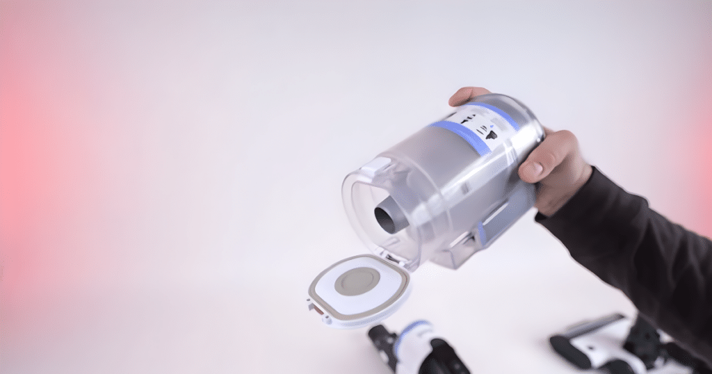 Levoit Aero empty manual | Vacuum Wars Levoit Aero cordless vacuum dustbin opened for manual emptying into trash