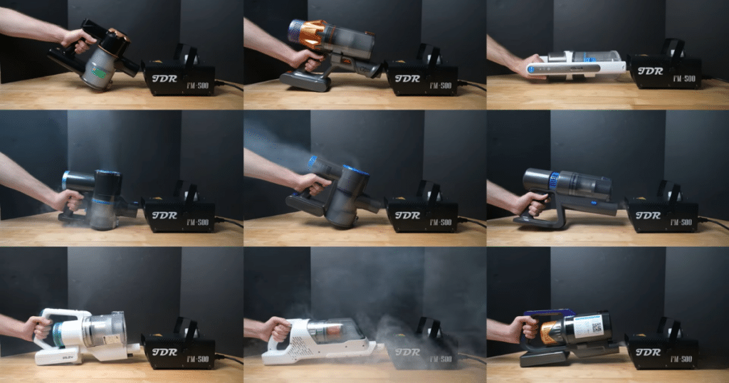 Levoit Aero filtration compare | Vacuum Wars Cordless vacuum filtration comparison smoke test showing Levoit Aero with no leakage versus other vacuums