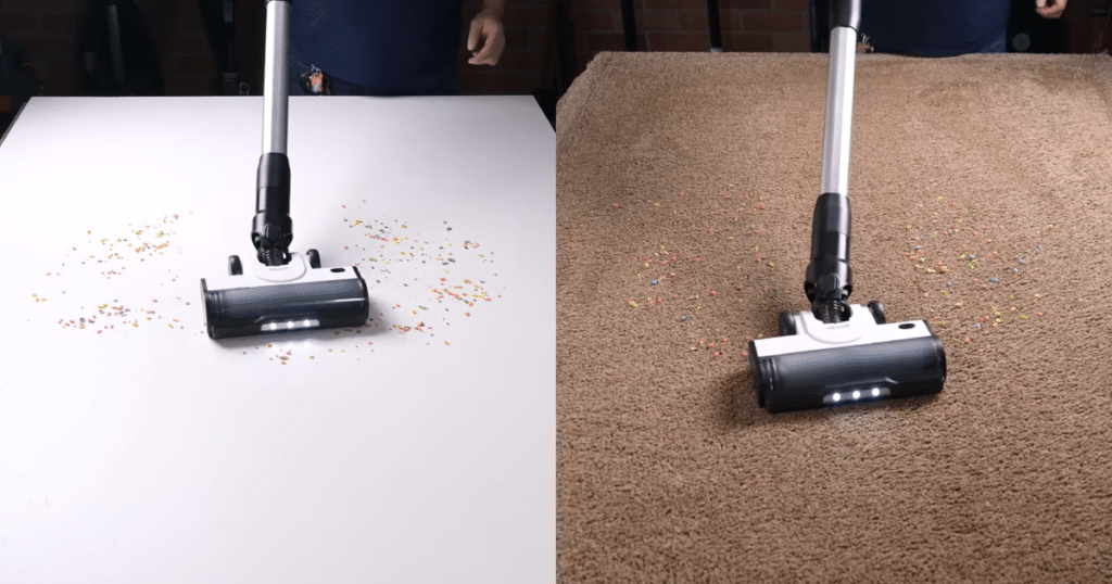 Levoit Aero hard floor and carpet | Vacuum Wars Levoit Aero cordless vacuum cleaning debris on hard floor and carpet side-by-side test