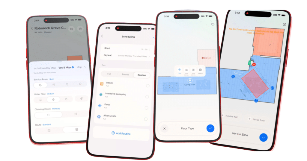 Roborock Curv s5x app | Vacuum Wars Roborock app interface screens showing controls for suction levels and water flow, cleaning scheduling, floor type selection, and map editing with room customization and no-go zones.