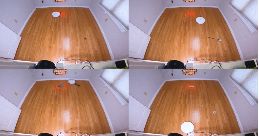 Roborock Curv s5x obstacle avoidance | Vacuum Wars Four-panel overhead test images showing the Roborock Qrevo Curv S5X navigating a hardwood floor with various small obstacles, demonstrating its Reactive Tech obstacle avoidance performance during Vacuum Wars evaluations.