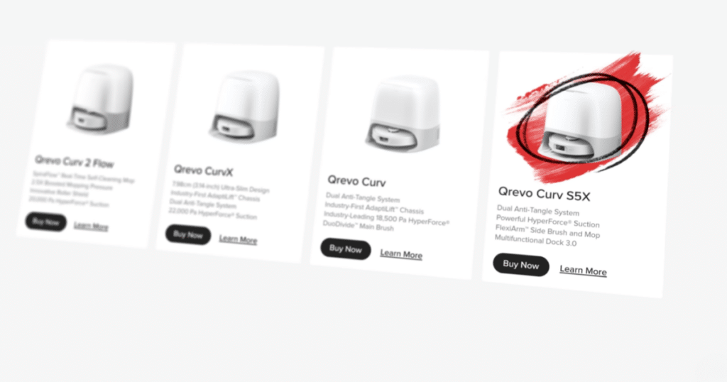 Roborock CurvX Lineup | Vacuum Wars Product lineup graphic showing several Roborock Qrevo Curv models, with the Qrevo Curv S5X highlighted on the right.