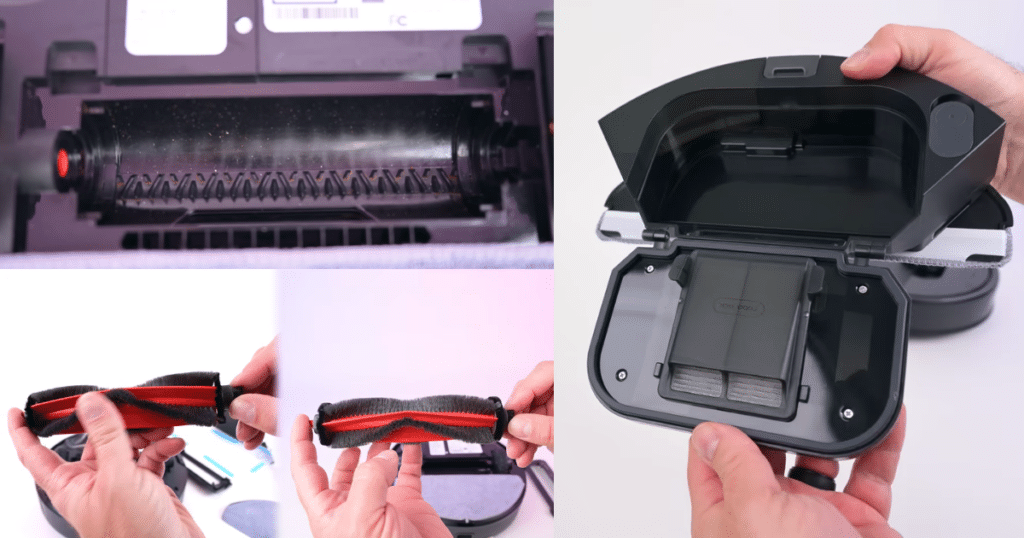 Roborock Q7 L5 Vs M5 brush antitangle dustbin | Vacuum Wars Roborock Q7 L5 vs Q7 M5 brush system and dustbin showing bristled main roller with anti-tangle design and 400ml onboard dustbin