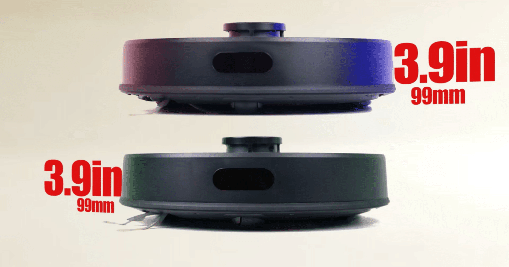 Roborock Q7 L5 Vs M5 height | Vacuum Wars Roborock Q7 L5 vs Q7 M5 height comparison showing 3.9 inch (99 mm) low-profile robot vacuum design