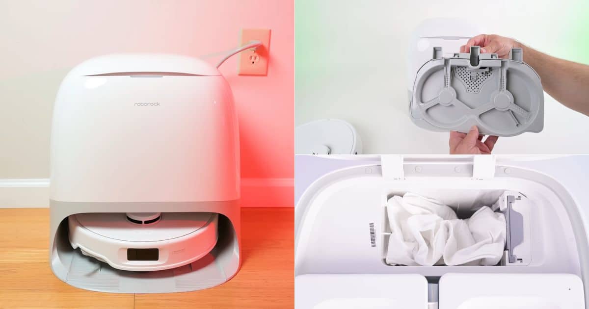 | Vacuum Wars Three-panel image of the Roborock Qrevo Curv S5X dock showing the robot parked in its white dock, a removable dock tray being held by hand, and the dock’s dust bag compartment opened from above.