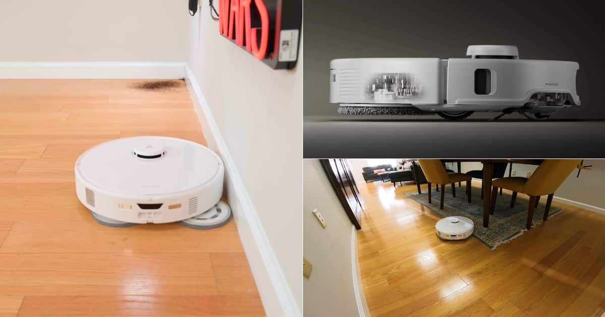 | Vacuum Wars Three-panel image of the Roborock Qrevo Curv S5X showing edge cleaning along a wall, a side view with the mop system lifted for carpet clearance, and the robot moving from hard floor toward a rug.