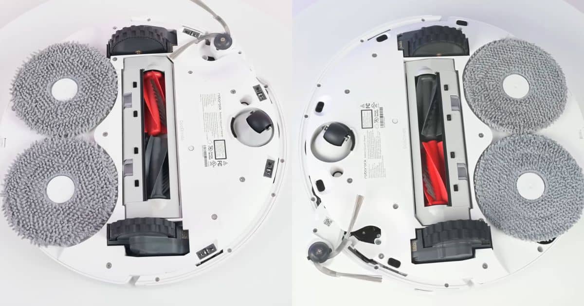 | Vacuum Wars Side-by-side underside comparison showing the Roborock Qrevo Curv S5X on the left and another Curv model on the right. Both robots display dual spinning mop pads, split main brushes, and different underside layouts.