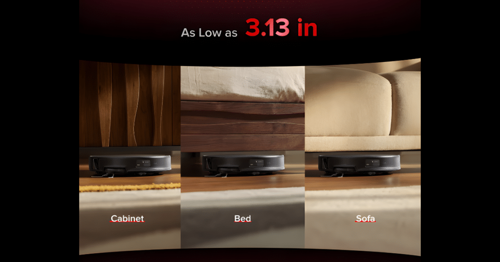 Roborock Saros 20 Low Profile | Vacuum Wars Roborock Saros 20 robot vacuum cleaning under low furniture, showing clearance under a cabinet, bed, and sofa with a height as low as 3.13 inches.