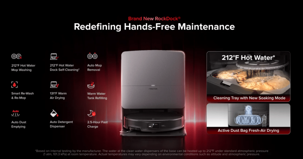 Roborock Saros 20 RockDock | Vacuum Wars Roborock Saros 20 with its RockDock multifunction docking station highlighting automated maintenance features such as hot water mop washing and dustbin emptying.