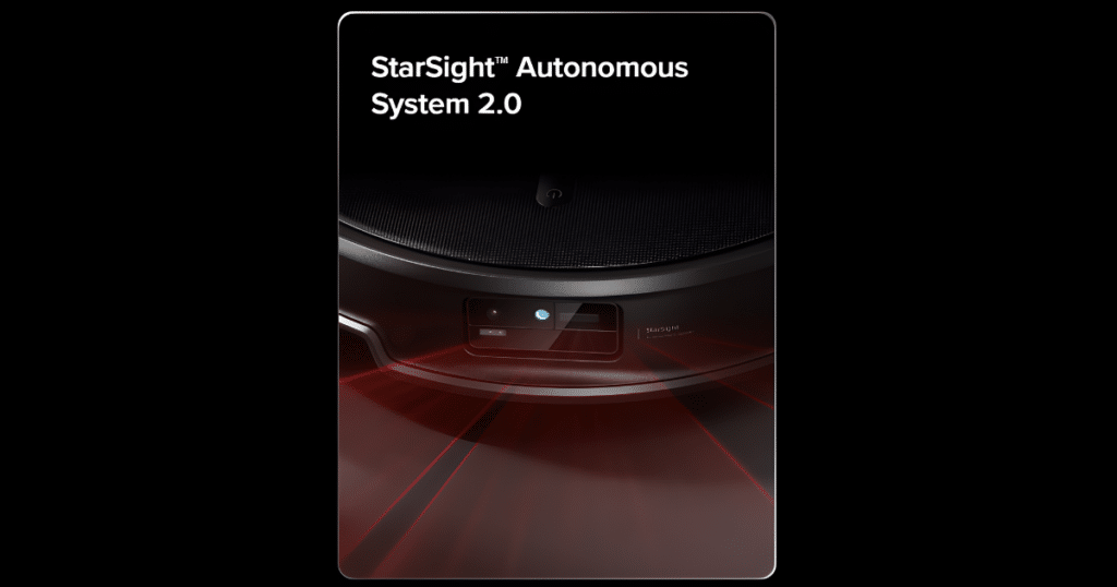 Roborock Saros 20 StarSight Autonomous System 2 | Vacuum Wars Front view of the Roborock Saros 20 highlighting its StarSight Autonomous System 2.0 sensors for navigation and obstacle detection.