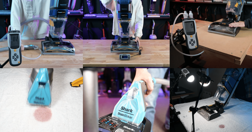 Shark CarpetXpert EX301 Evaluations | Vacuum Wars Collage of Shark EX301 CarpetXpert HairPro with StainStriker during laboratory tests including suction measurement, stain cleaning, and handheld tool use.