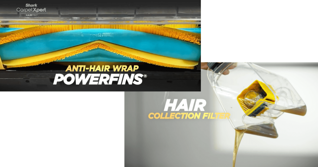 Shark CarpetXpert EX301 HairPro | Vacuum Wars Diagram of Shark CarpetXpert PowerFins brush system and hair collection filter showing how HairPro Technology funnels hair into a cage inside the dirty water tank.